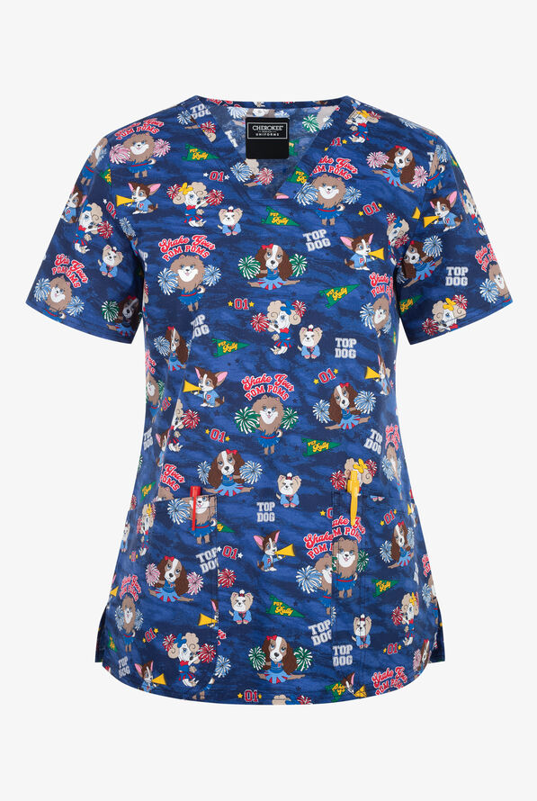 Cherokee Shake Your Pom Poms Women's 2-Pocket STRETCH V-Neck Print Scrub Top - null - 1