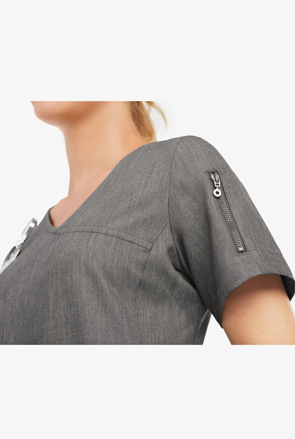 Blusa médica MOVEMENT by Butter-Soft Capella estilo cruzado con 5 bolsillos para mujer - Graphite Heather - 7