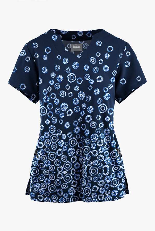 Butter-Soft Originals Jakarta Border Navy Women's 2-Pocket Scallop Neck Print Scrub Top - null - 1