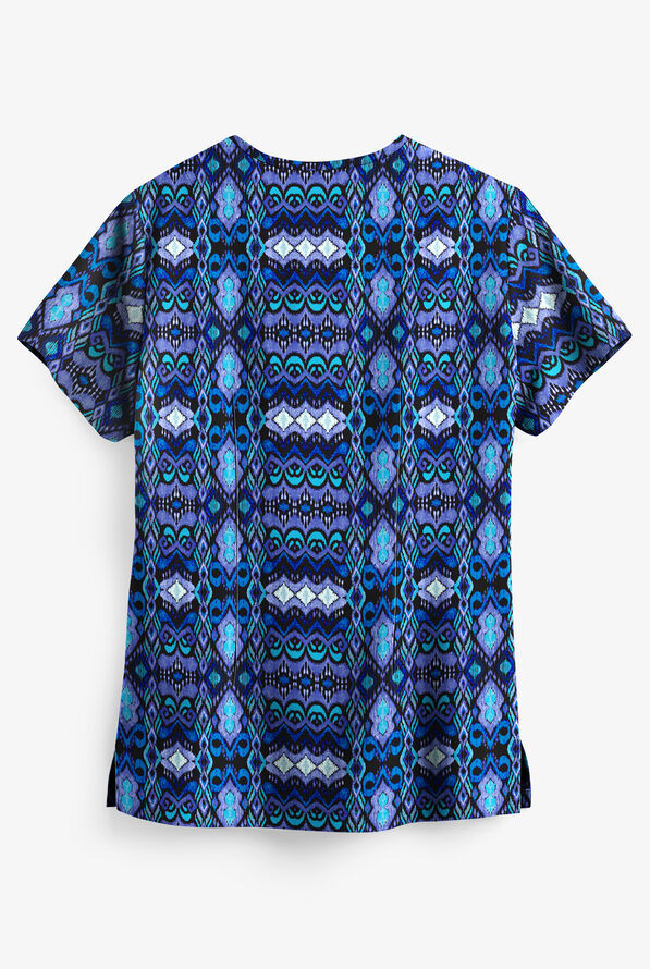 Easy STRETCH  Whispering Ikat Women's 2-Pocket Mitered V-Neck Print Scrub Top - null - 2