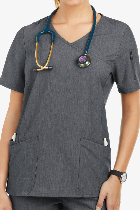 Blusa médica MOVEMENT by Butter-Soft Capella estilo cruzado con 5 bolsillos para mujer - Charcoal Heather - 3