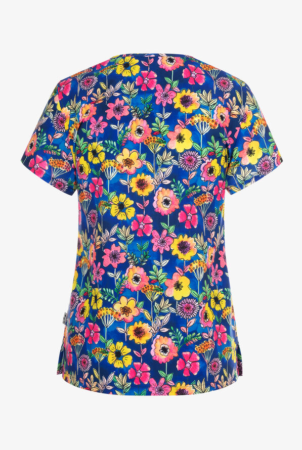Zavate Ava Therese Full of Florals Women's 2-Pocket STRETCH V-Neck Print Scrub Top - null - 2