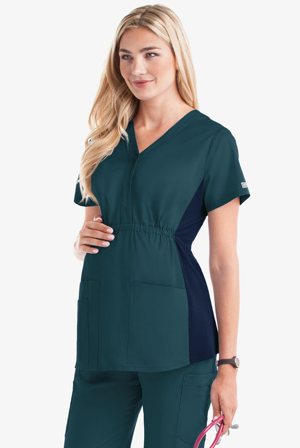 Butter-Soft STRETCH Women's 3-Pocket Knit Panel Maternity Scrub Top - Caribbean Blue/Navy - 2