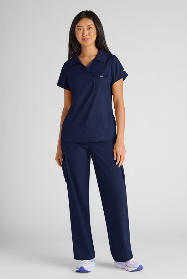Grey's Anatomy by Barco Emerge Emery Women's 3-Pocket STRETCH Collar V-Neck Scrub Top - Indigo - 6