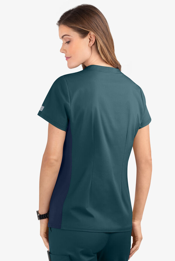 Butter-Soft STRETCH Women's 3-Pocket Contrast Scrub Top - Caribbean Blue/Navy - 4