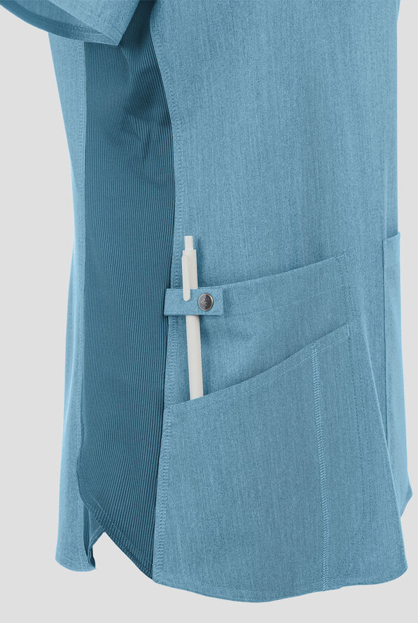 Med Couture Touch Women's 3-Pocket STRETCH Rib-Knit Side Panels Shirttail V-Neck Scrub Top - Blue Jean Baby - 3