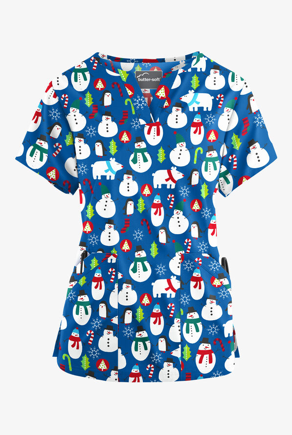 Butter-Soft North Pole Party Royal Women&rsquo;s 4-Pocket V Notch-Neck Print Scrub Top - null - 1