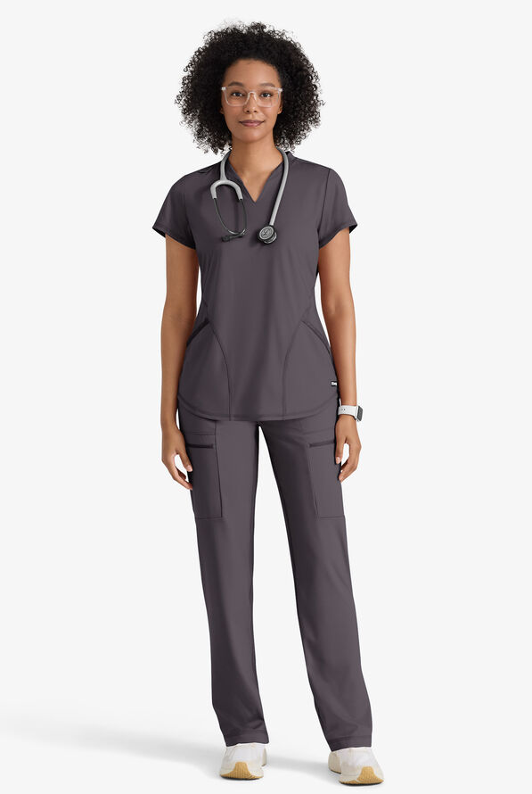 Grey's Anatomy by Barco Knit STRETCH Define Women's 2-Pocket Banded Notched V-Neck Scrub Top - Steel Gray - 3
