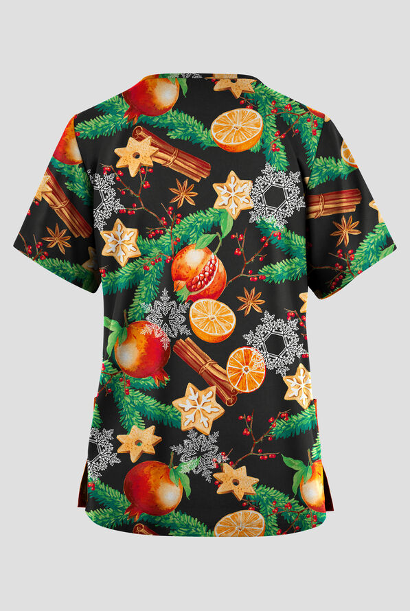 Butter-Soft Originals Christmas Spice Women's 2-Pocket V-Neck Print Scrub Top - null - 2