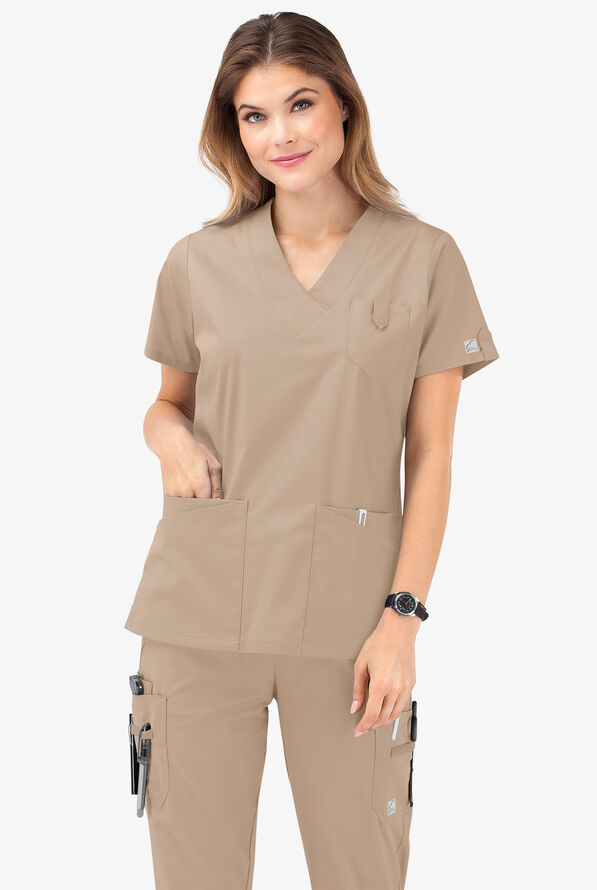 Butter-Soft STRETCH Women's 6-Pocket V-Neck Scrub Top - Iced Latte - 8