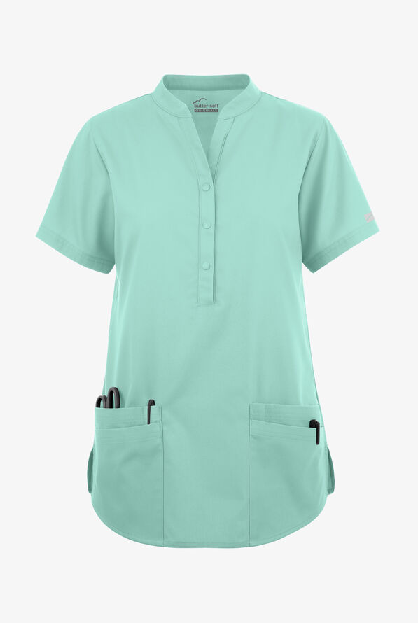 Blusa médica Butter-Soft Originals con cuello mao y 6 bolsillos para mujer - Water Mint - 1