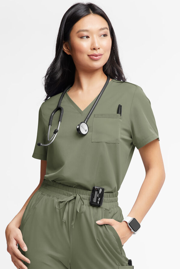 WhisperLite Zora Women's 2-Pocket Stretch V-Neck Tuck-in Scrub Top - Olive Leaf - 1