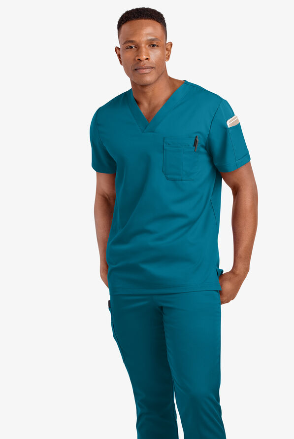 Advantage STRETCH Men's 4-Pocket V-Neck Scrub Top - Caribbean Blue - 2