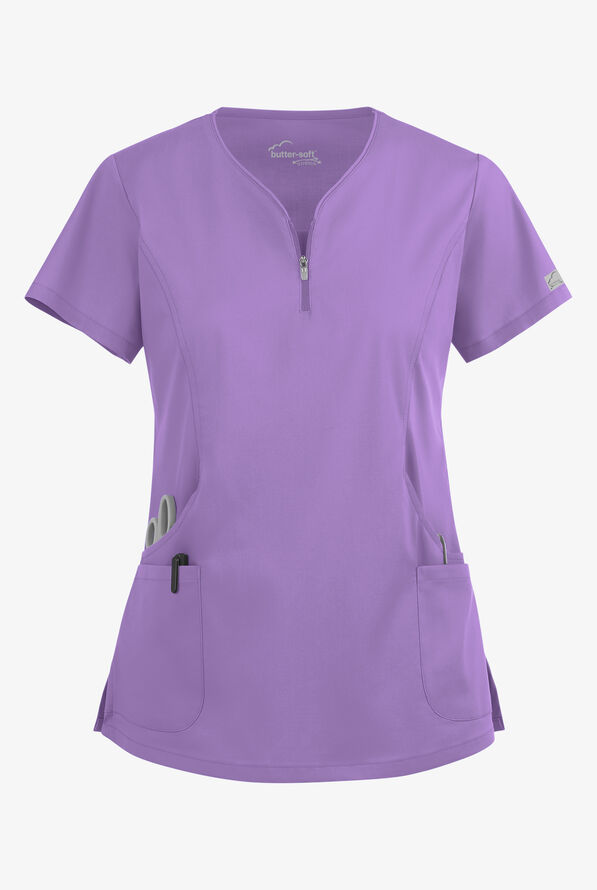 Butter-Soft STRETCH Women's 4-Pocket Curved Neck Zipper Scrub Top - Ultraviolet Light - 1