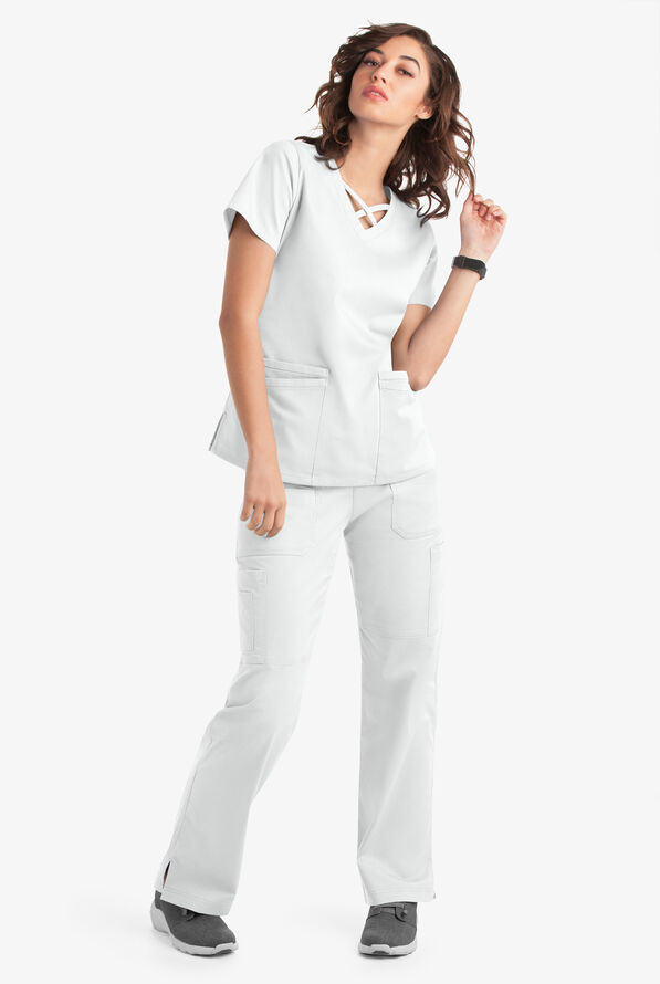 Blusa m&eacute;dica UA Butter-Soft STRETCH con lazos entrecruzados y 4 bolsillos para mujer - White - 6