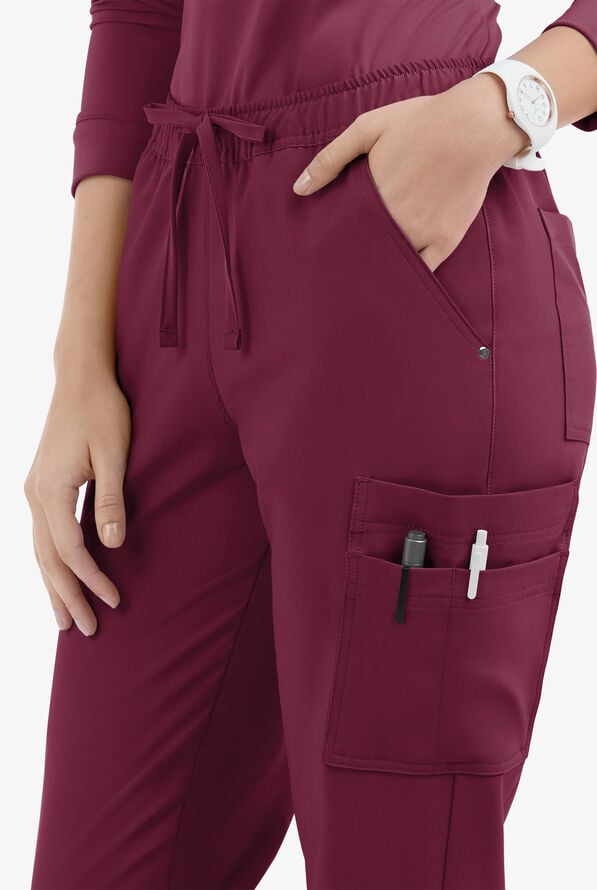 Easy STRETCH Halle Women's 11-Pocket Ruched Leg Jogger Scrub Pants - Petite - Wine - 3