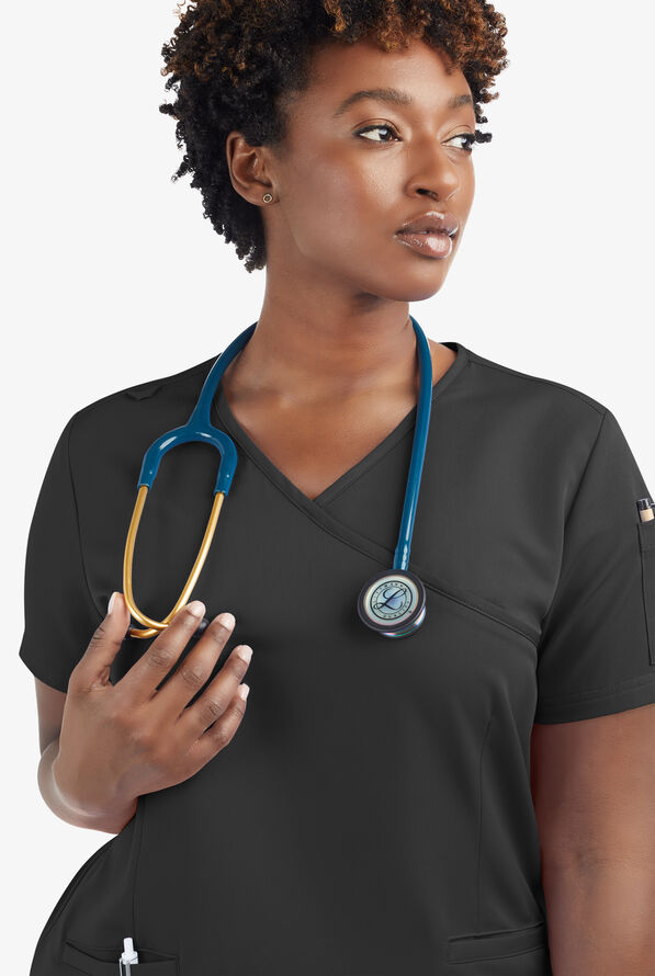 Butter-Soft Women's 5-Pockets Faux Wrap Scrub Top **Slightly IRREGULAR** - Black - 5