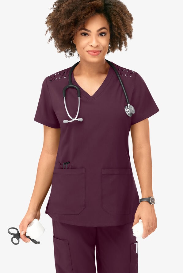 Blusa m&eacute;dica Easy STRETCH Leila con ojales con lazos y 3 bolsillos para mujer - Dark Mulberry - 5
