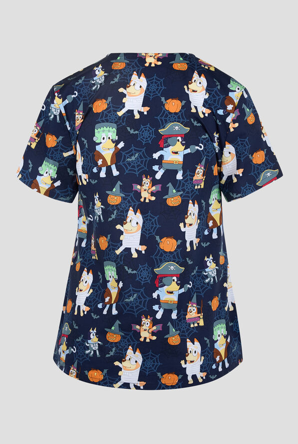 Tooniforms Bluey Pumpkin Pups Women's 1-Pocket STRETCH V-Neck Print Scrub Top - null - 2