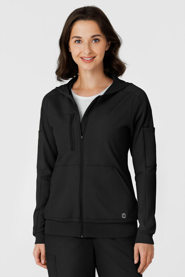 Wink Renew Knit Women's 4-Pocket STRETCH Front Zip Scrub Hoodie Jacket - Black - 3
