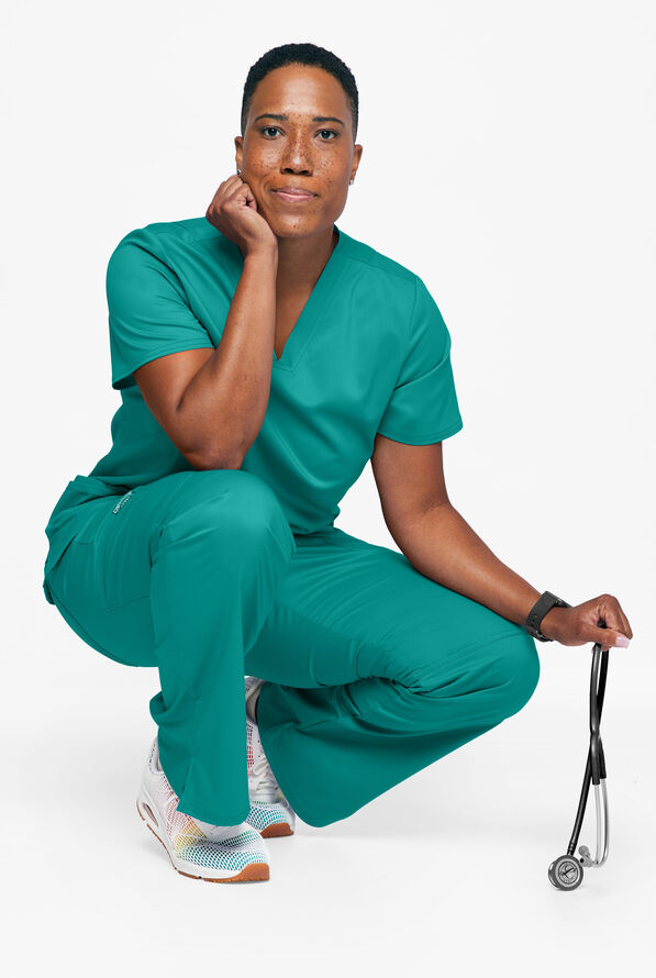 Cherokee Workwear Revolution Women's 3-Pocket STRETCH V-Neck Scrub Top - Teal - 3