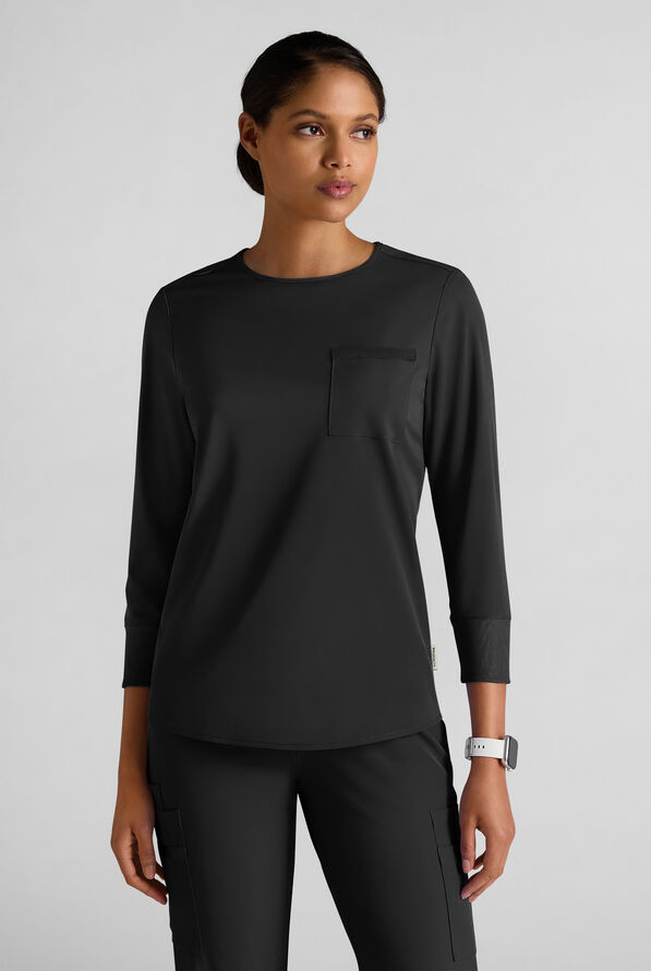 WhisperLite LYRA Women's 2-Pocket STRETCH 3/4" Sleeve Scrub Top - Black - 1