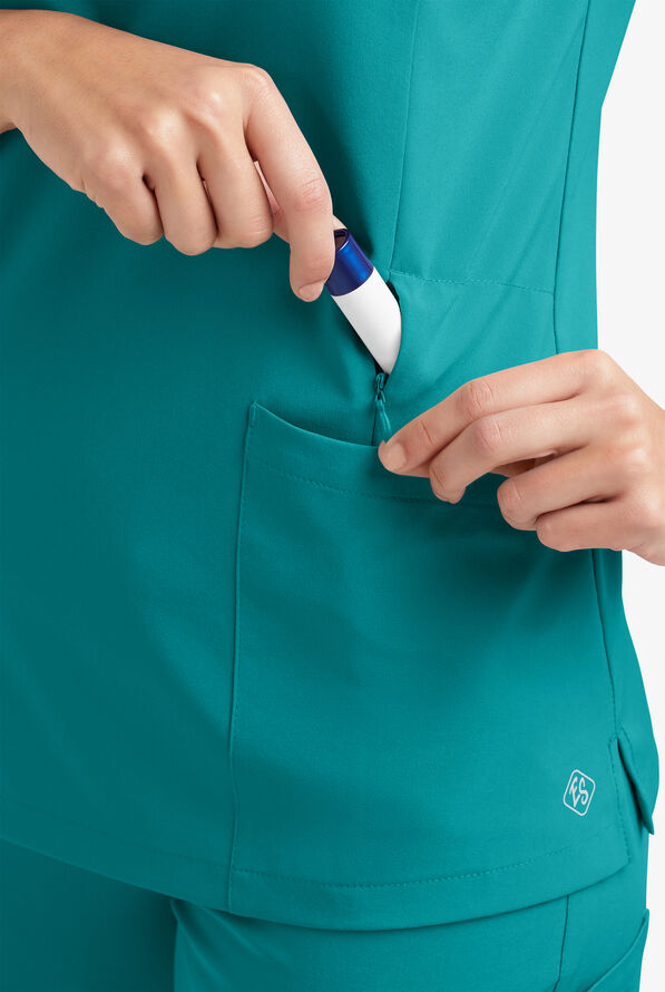 Easy STRETCH Daisy Women's 4-Pocket V-Neck Scrub Top with Petal Sleeves - Teal - 6