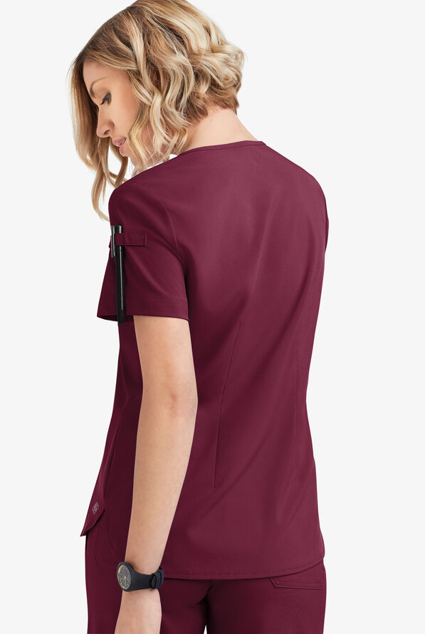 Easy STRETCH Nikki Women's 1-Pocket Scallop Neck Tuck-In Scrub Top - Wine - 4