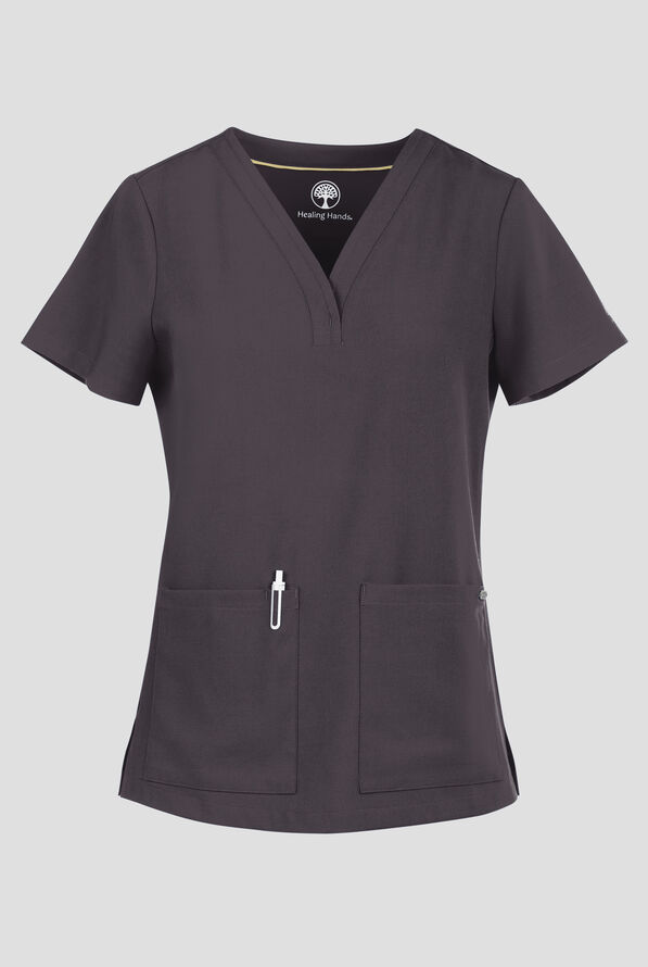 Healing Hands Quest Briana Women's 3-Pocket STRETCH Y-Neck Scrub Top - Pewter - 1