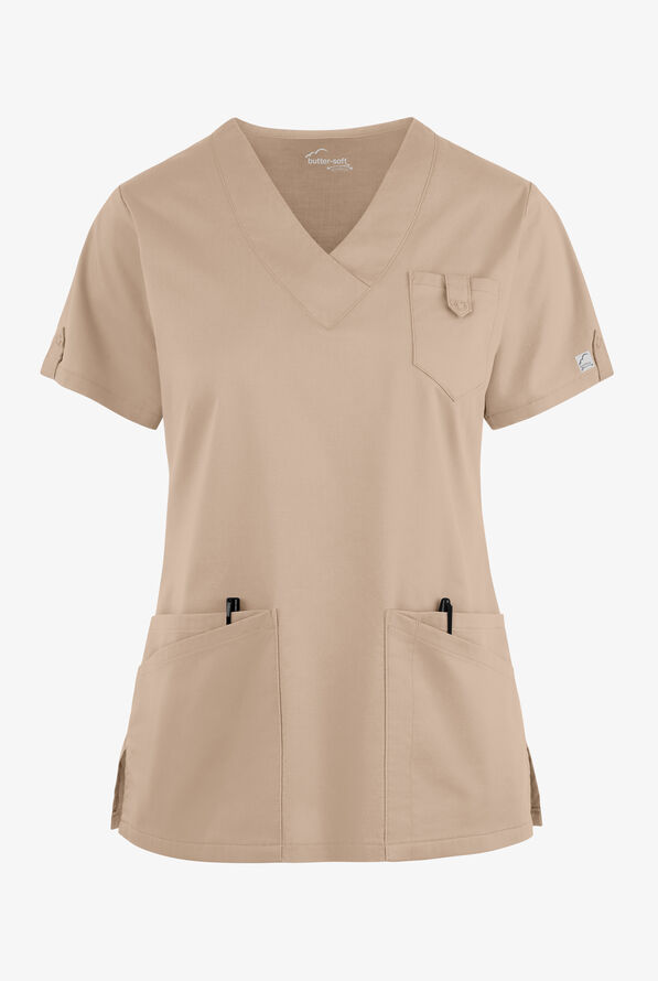 Butter-Soft STRETCH Women's 6-Pocket V-Neck Scrub Top - Iced Latte - 1