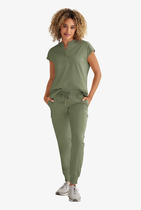 Healing Hands Purple Label Journey Women's 2-Pocket STRETCH Dolman Sleeve Mandarin Collar Scrub Top - Olive - 2