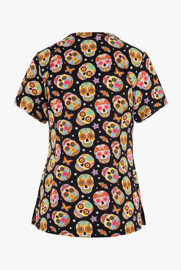 Maevn Sugar Skull Dreams Women's 3-Pocket STRETCH V-Neck Print Scrub Top - null - 2