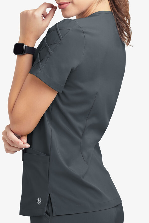Easy STRETCH Kylie Woman's 5 Pocket V-Neck With Criss-Cross Detail Scrub Top - Pewter - 7
