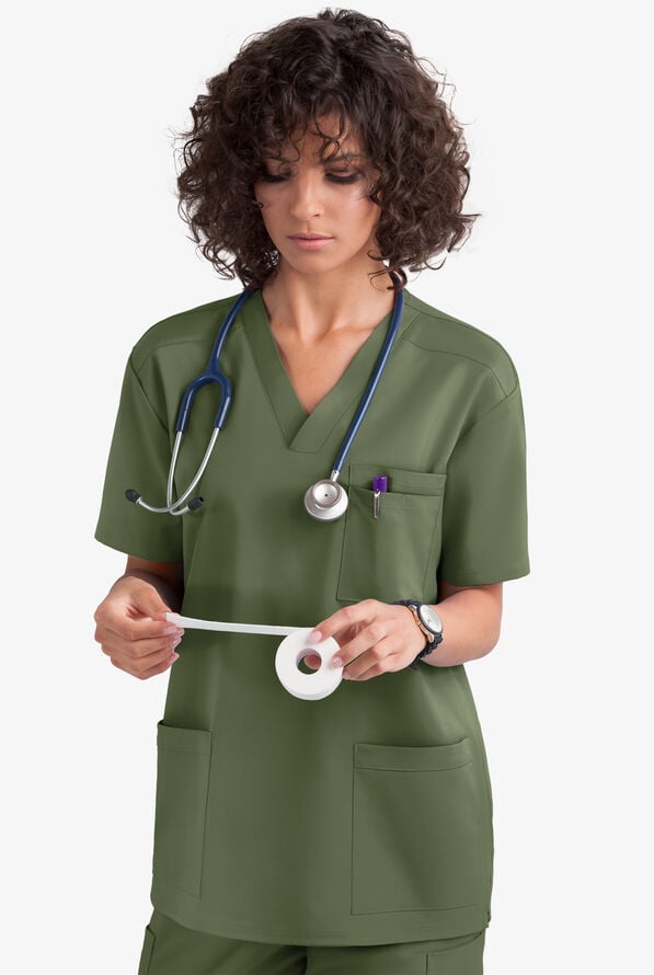 Blusa m&eacute;dica unisex UA Flex2 STRETCH con cuello en V y 4 bolsillos - Light Olive - 2