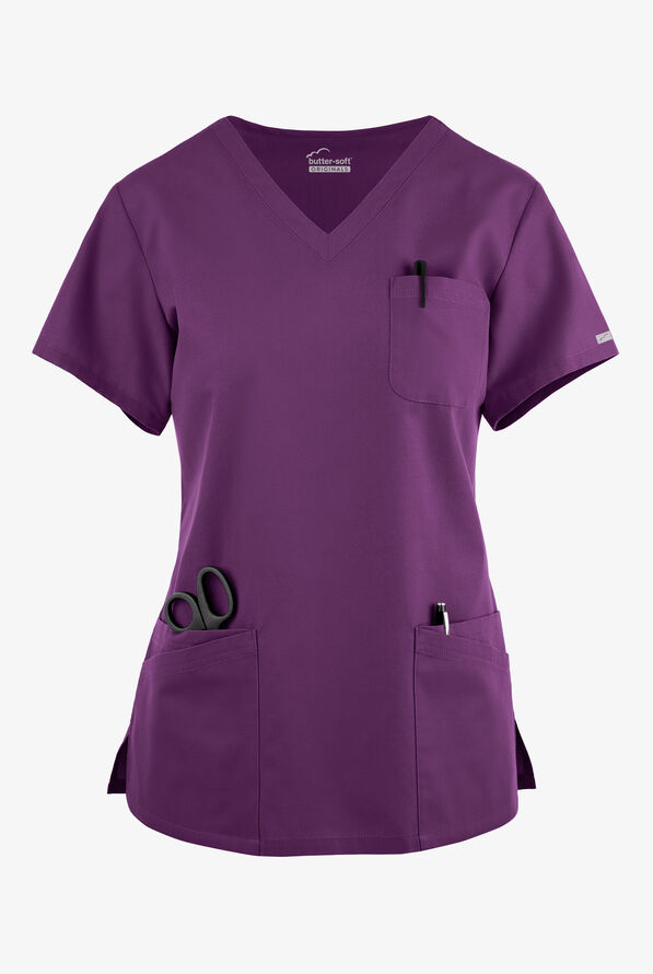 Butter-Soft Originals Women's 7-Pocket Curved V-Neck Scrub Top - Eggplant - 1