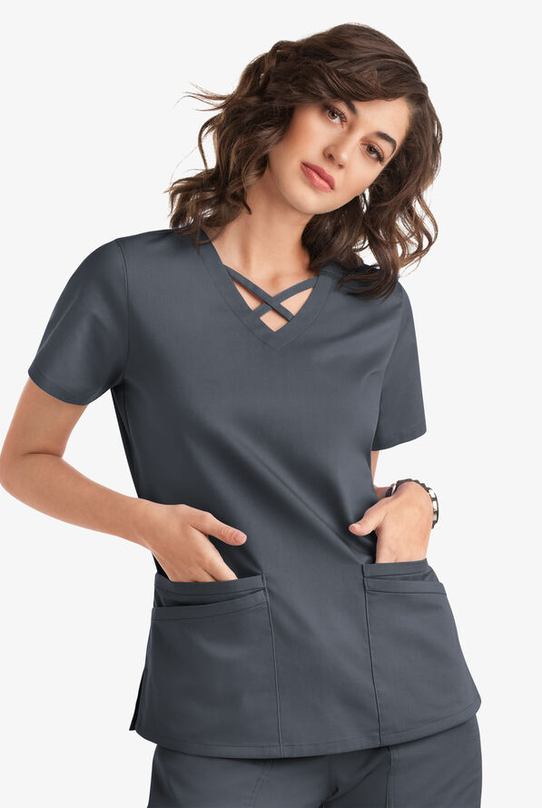 Blusa m&eacute;dica UA Butter-Soft STRETCH con lazos entrecruzados y 4 bolsillos para mujer - Pewter - 5