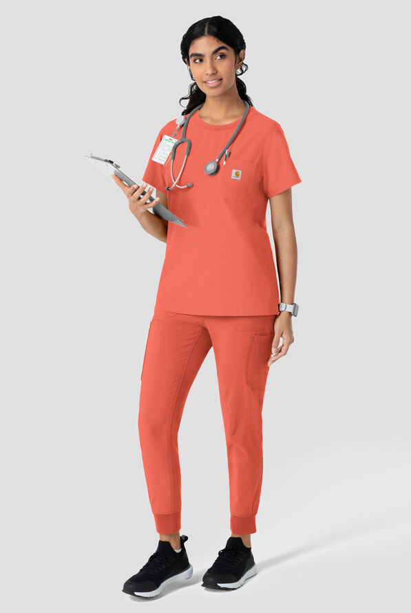 Carhartt Cross-Flex Force Women's 1-Pocket STRETCH Knit Trim Crew Neck Scrub Top - Dusty Cedar - 3