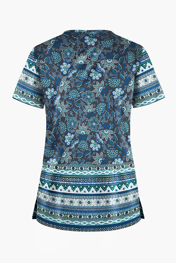 Blusa médica estampada UA Butter-Soft STRETCH Jacobean Border Pewter con cuello en V y 1 bolsillo para mujer - null - 2