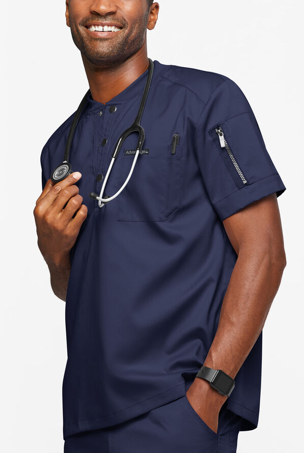Advantage STRETCH Men's 2-Pocket Short Sleeve Henley Scrub Top - Navy - 2