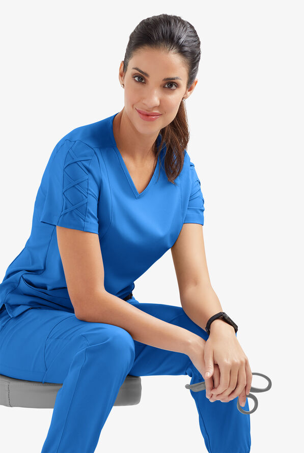 Easy STRETCH Kylie Woman's 5 Pocket V-Neck With Criss-Cross Detail Scrub Top - Cerulean - 5