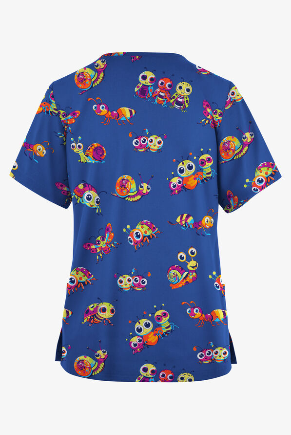 Blusa m&eacute;dica estampada Butter-Soft Originals Bug Parade Royal con cuello en V y 2 bolsillos para mujer - null - 2