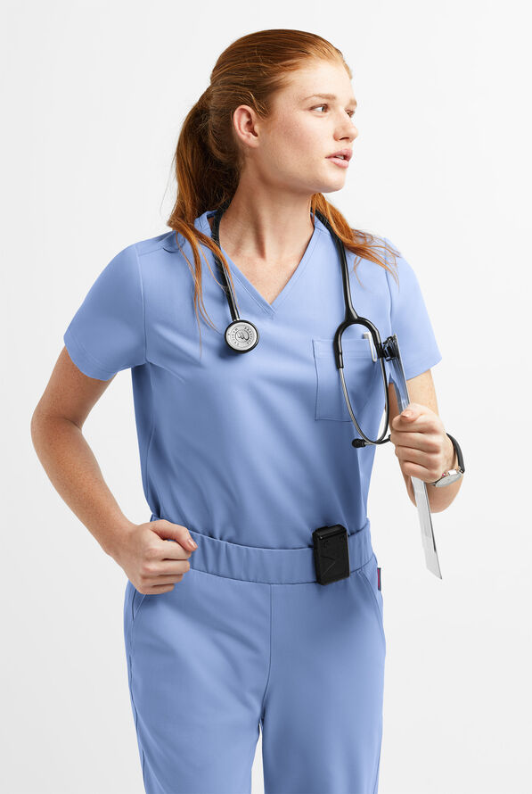 MOVEMENT by Butter-Soft Ceti Women's 1-Pocket V-Neck Tuck-In STRETCH Scrub Top - Ceil Blue - 2