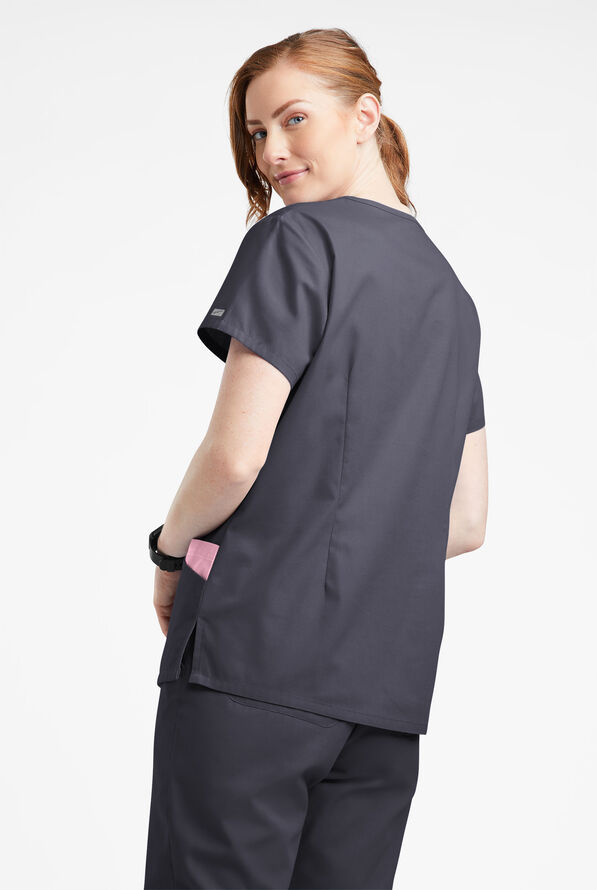 Blusa m&eacute;dica Butter-Soft Originals con cuello en V redondeado y 7 bolsillos para mujer - Pewter/Blush - 3