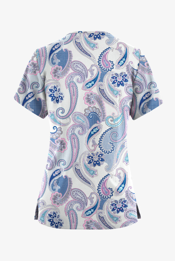 Blusa médica estampada Butter-Soft Originals Kashmir Paisley White con cuello en V redondeado y 4 bolsillos para mujer - null - 2