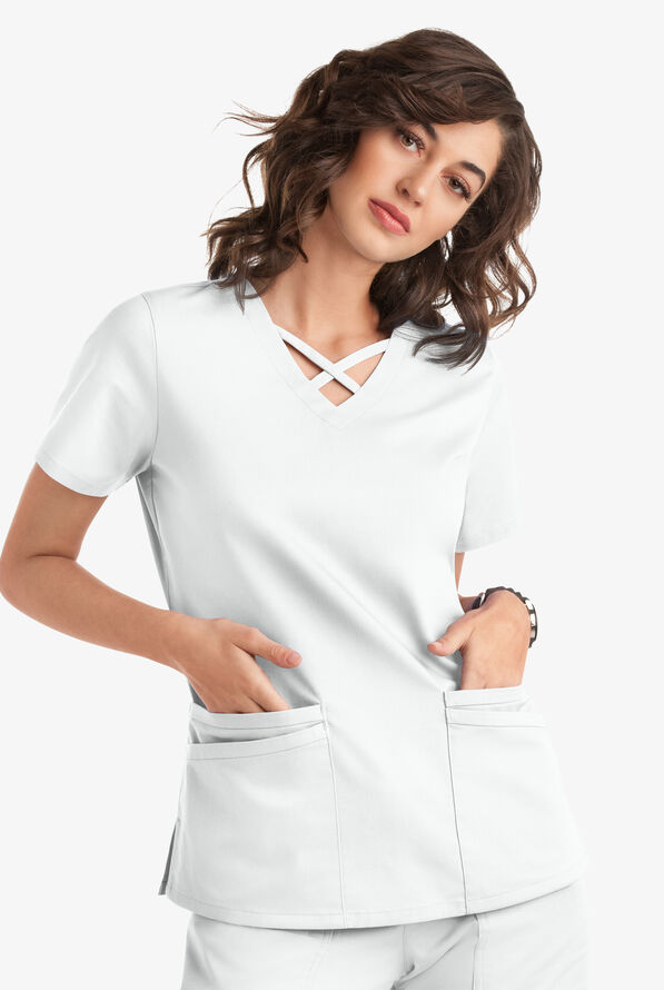Blusa m&eacute;dica UA Butter-Soft STRETCH con lazos entrecruzados y 4 bolsillos para mujer - White - 5