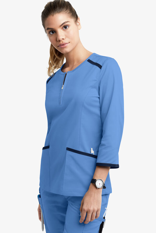 Butter-Soft STRETCH Women's 4-Pocket 3/4" Sleeve  Zip Scrub Top - Ceil/Navy - 5