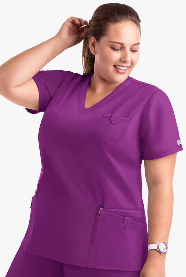 Butter-Soft Core Women's 5-Pocket Rounded V-Neck Scrub Top - Berry Burst - 4
