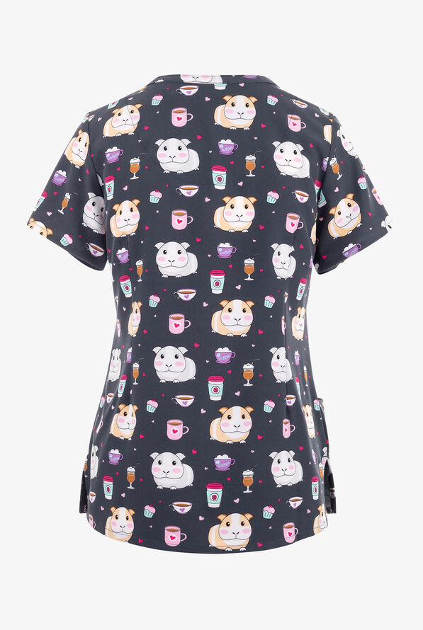 Maevn Coffee Break Guinea Pigs Women's 3-Pocket STRETCH V-Neck Print Scrub Top - null - 2