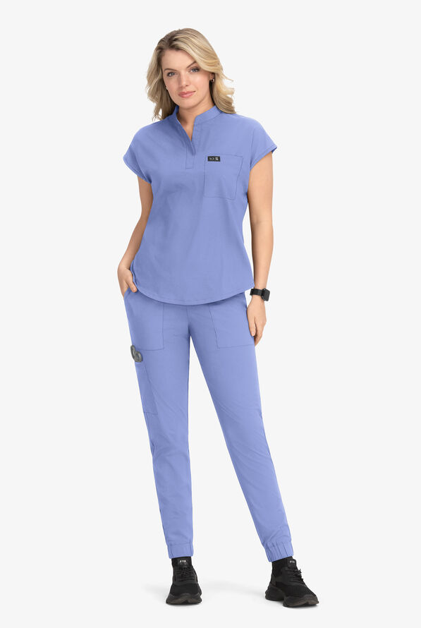 koi Basics Ari Women's 1-Pocket STRETCH Dolman Sleeve Mandarin Collar Scrub Top - Ceil Blue - 4