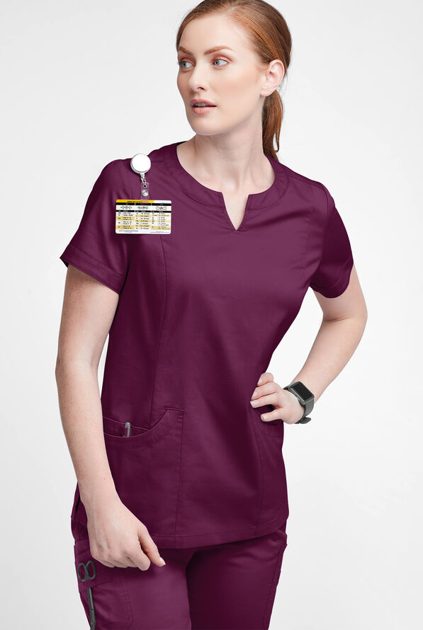Butter-Soft STRETCH Women's 4-Pocket Notch Neck Scrub Top - Wine - 2